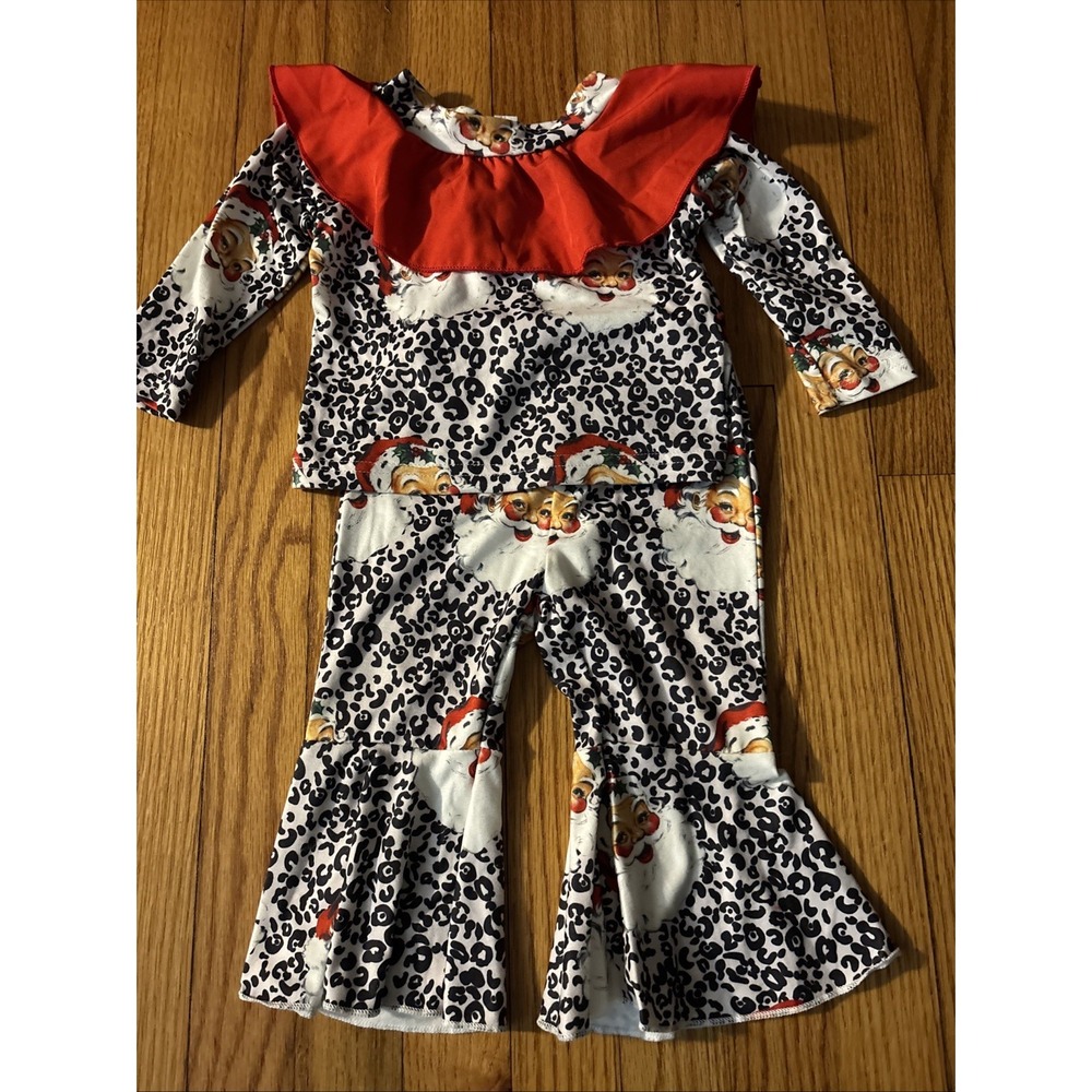 Santa Leopard Print Girls Christmas‎ Bell Bottom Outfit Set 6-9months
